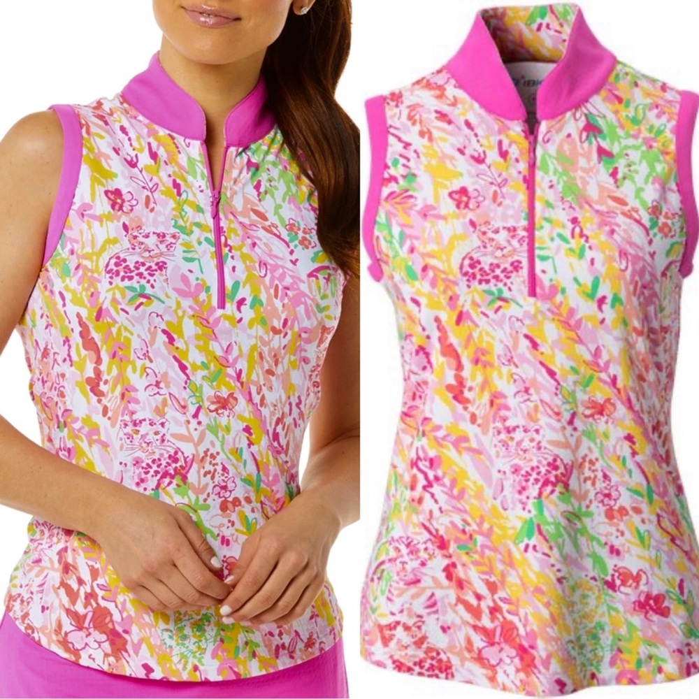 IBKUL Top Size XS S Sleeveless Zip Mock Neck Cat Cay Pink Golf Tennis PickleBall